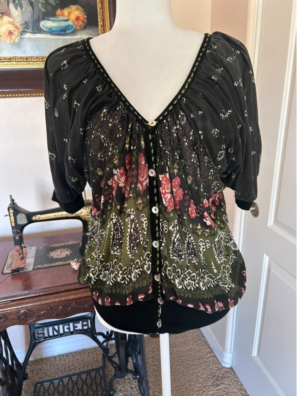 Black Coral & Green Button Front Top